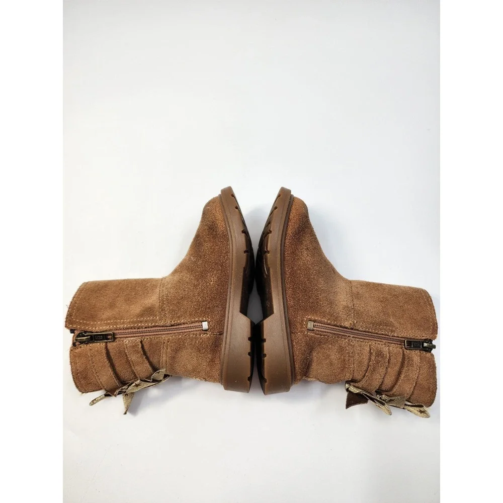 UGG Kids Suede Boots Chestnut Brown Double Gold Star Bows Side Zip Boots
